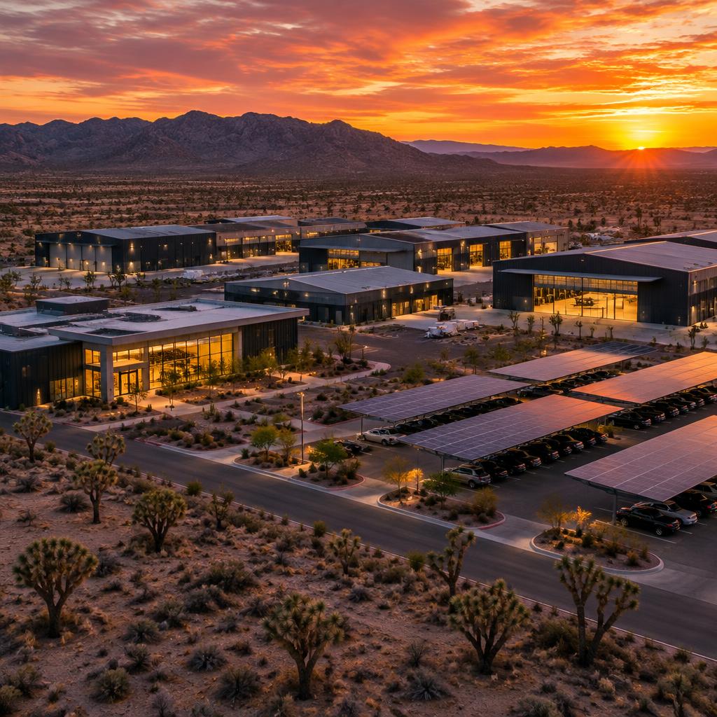 Modern desert industrial campus at sunset