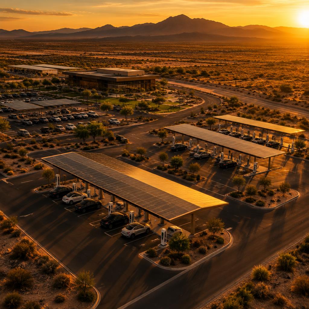 Aerial view of a desert development with charging points and solar canopies spread across the site