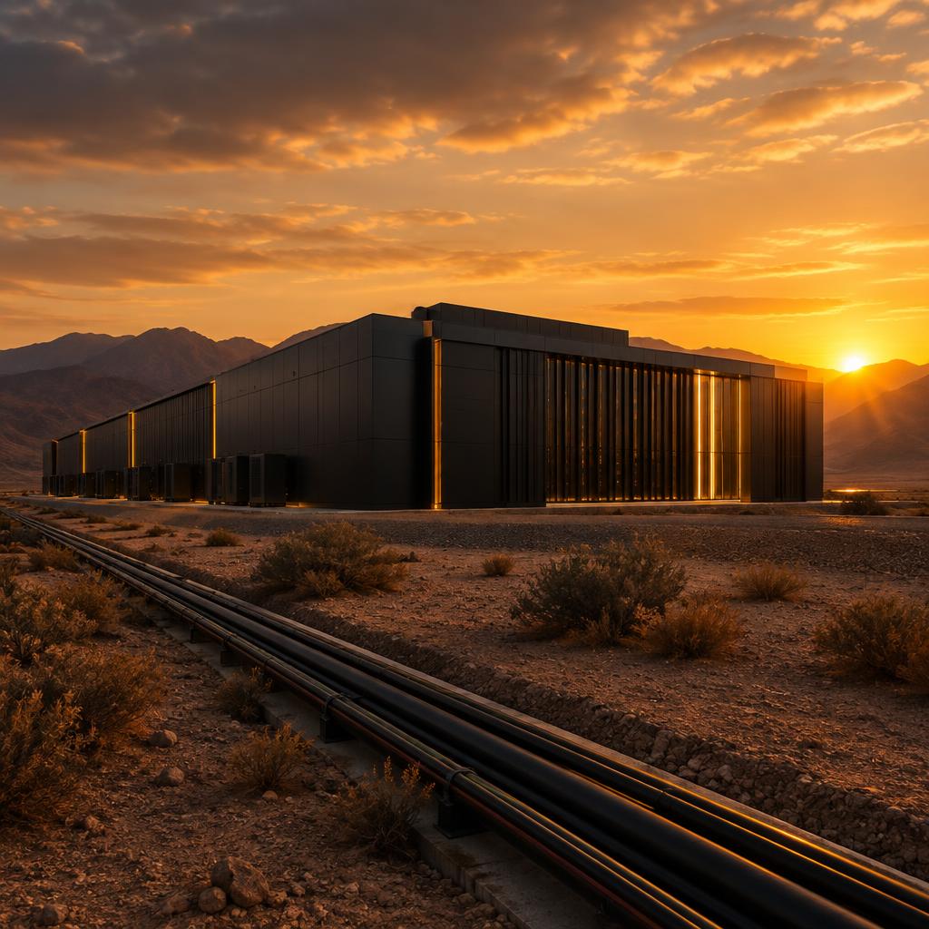 Modern data facility with fiber conduit in the desert at sunset
