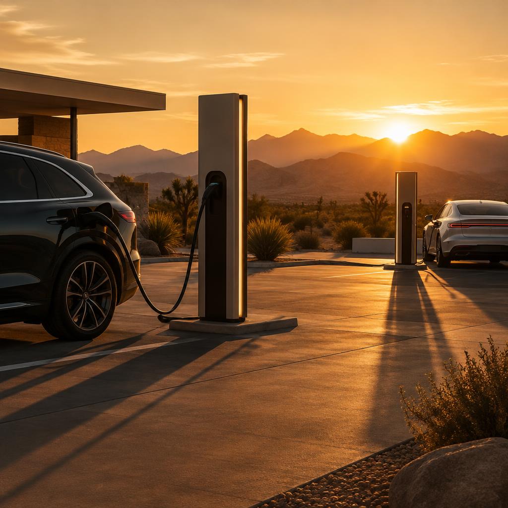 Electric vehicle charging stations at a desert development at golden hour