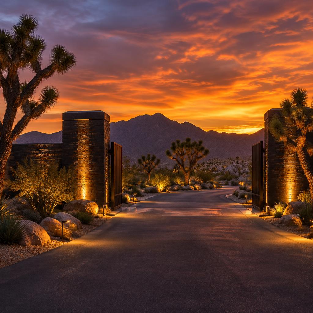 Gated entrance to a desert development at dusk