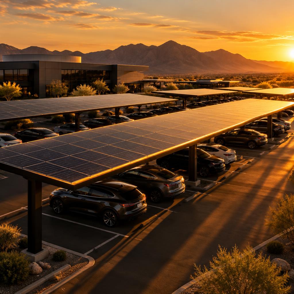 Solar panel canopies over parking spaces at golden hour