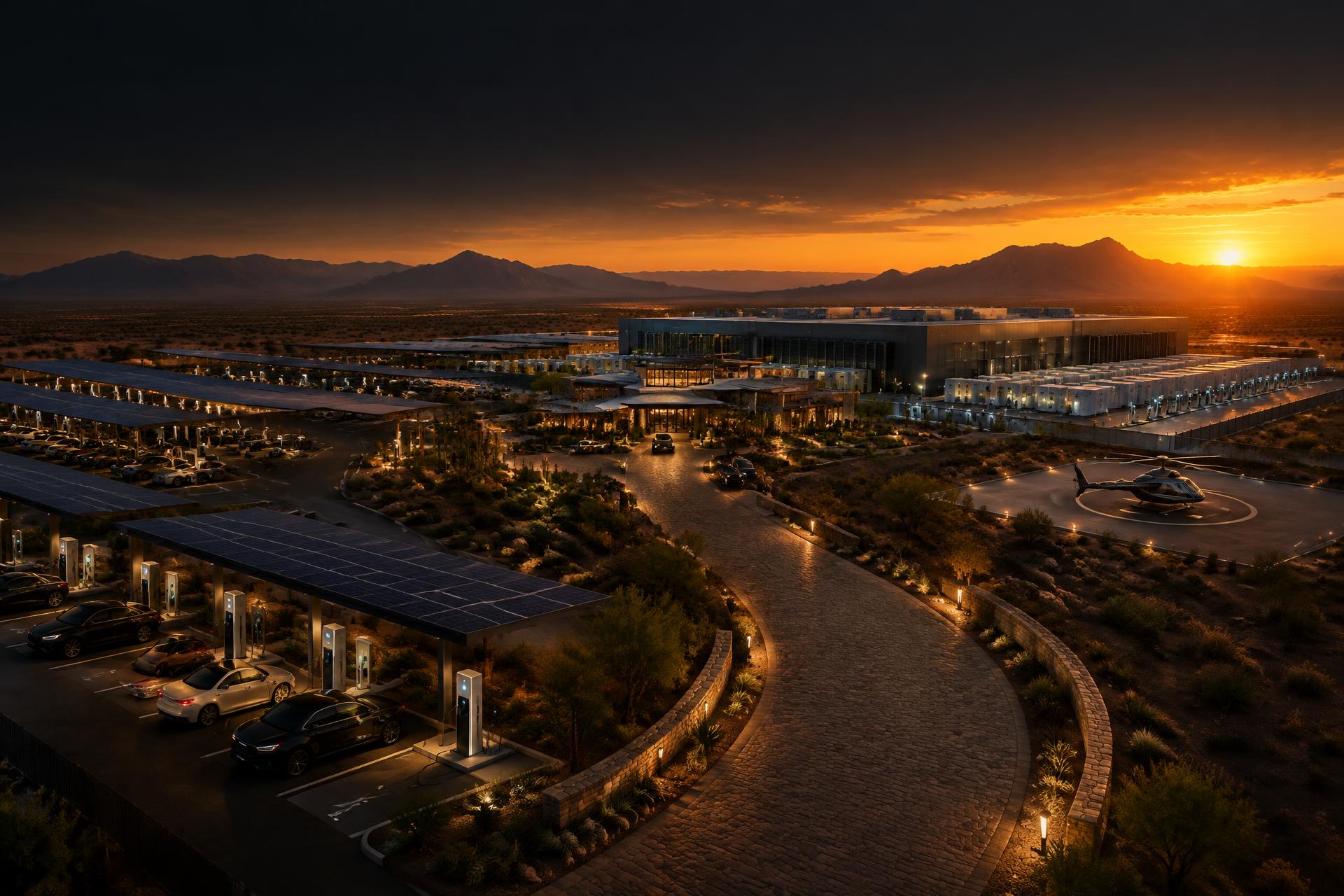 Desert development campus glowing at golden hour